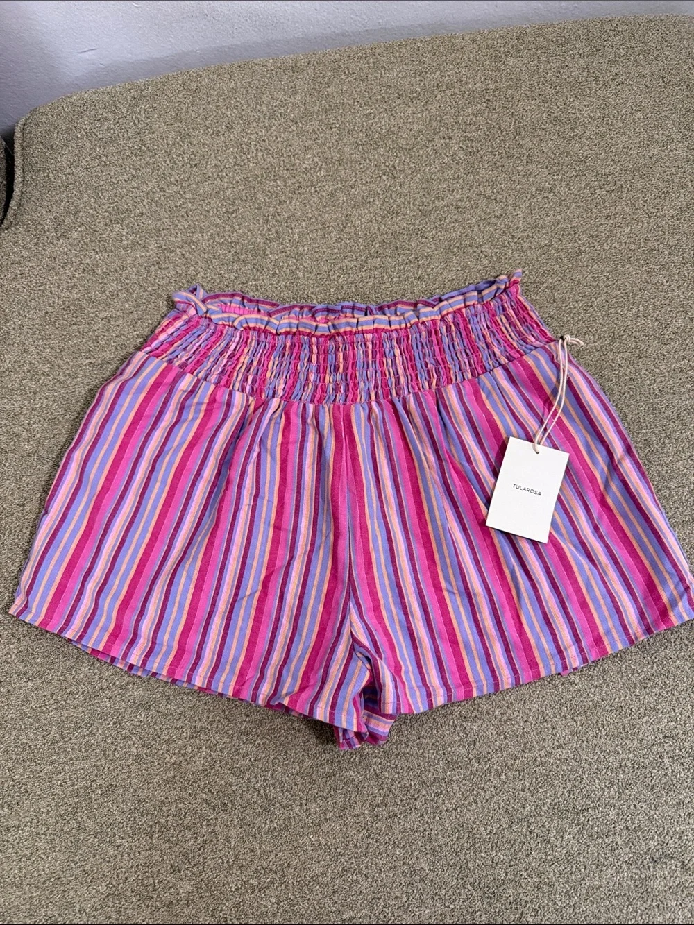 Tularosa Gabriella shorts small Pink Purple Striped High-Waist Smocked